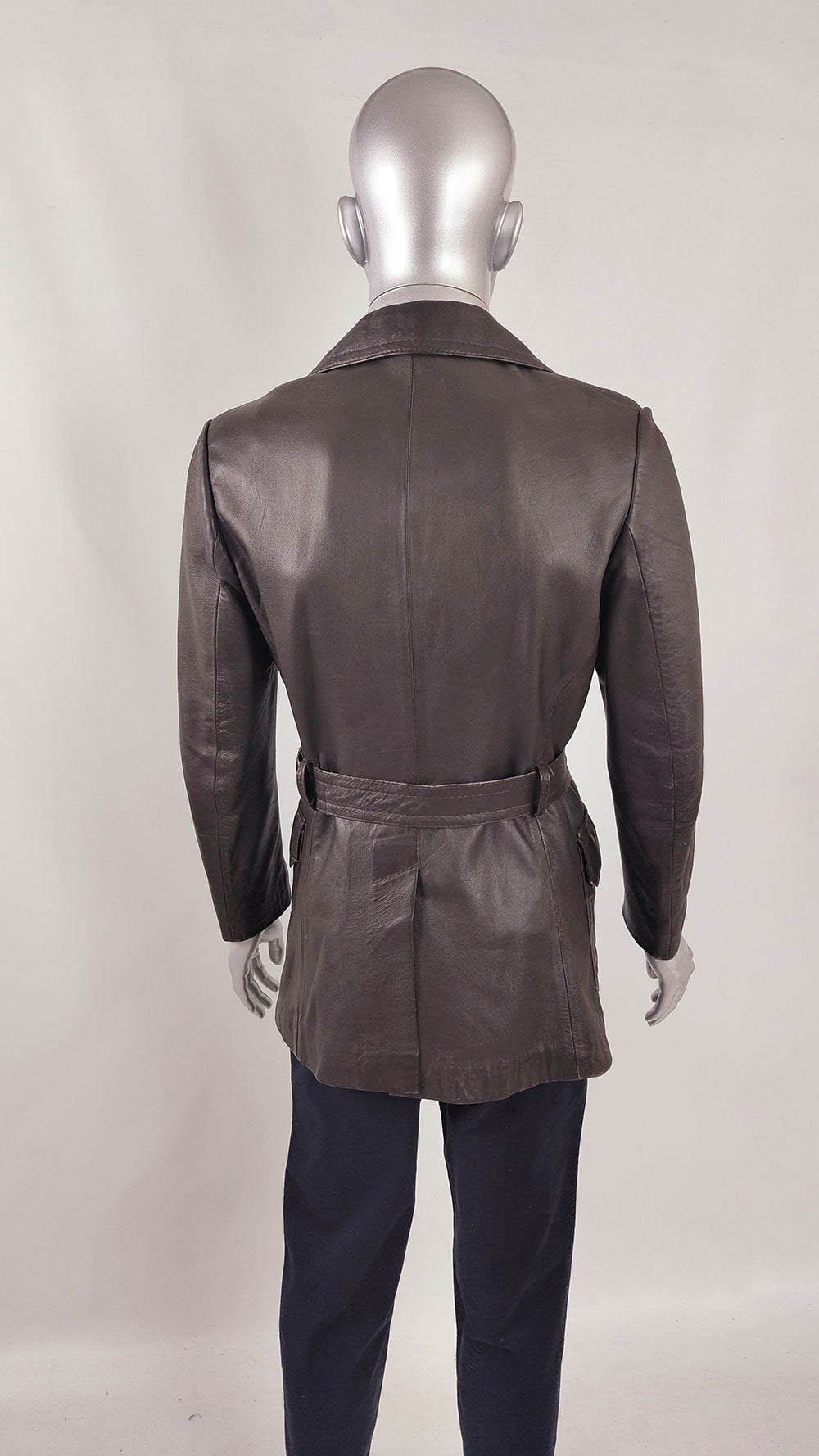 Mens Vintage Brown Leather Belted Jacket, 1970s