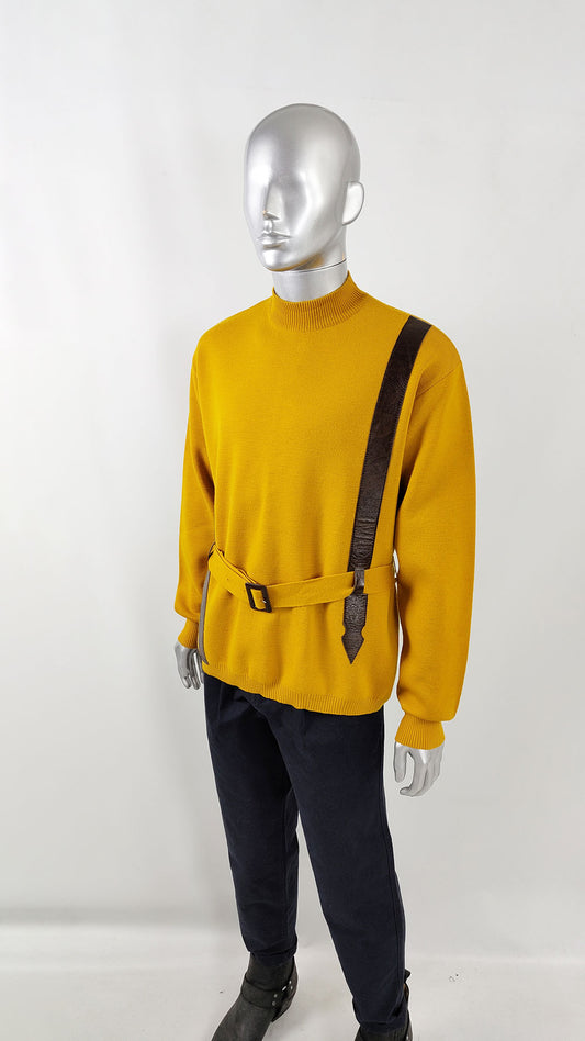Vintage men's jumper from Harrods, early to mid-1960s. Mustard yellow wool knit with dark brown vinyl appliques and belt.