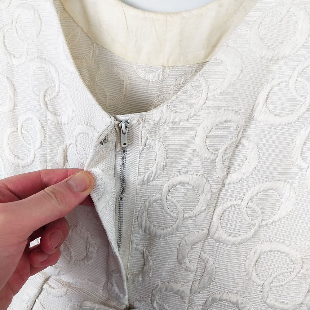 Vintage 1950s White Peplum Brocade Evening Dress