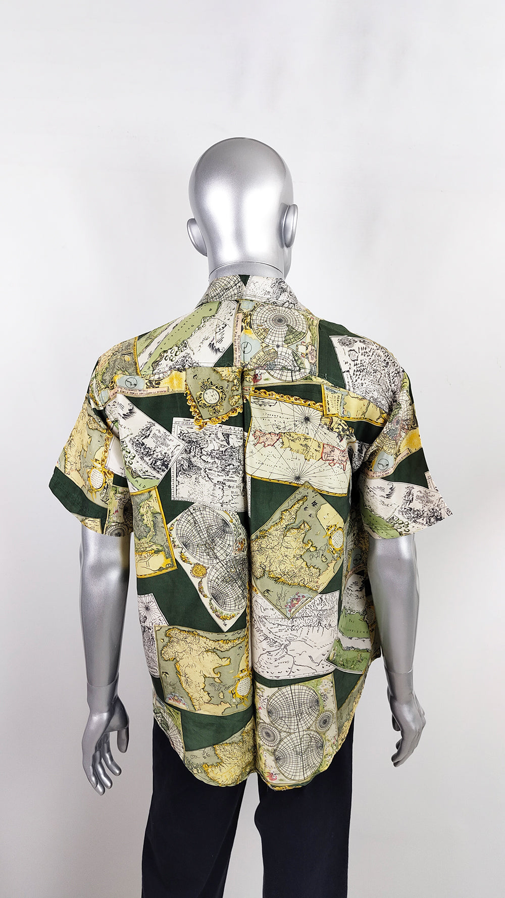 Vintage Mens Green Map Patterned Pure Silk Shirt, 1990s