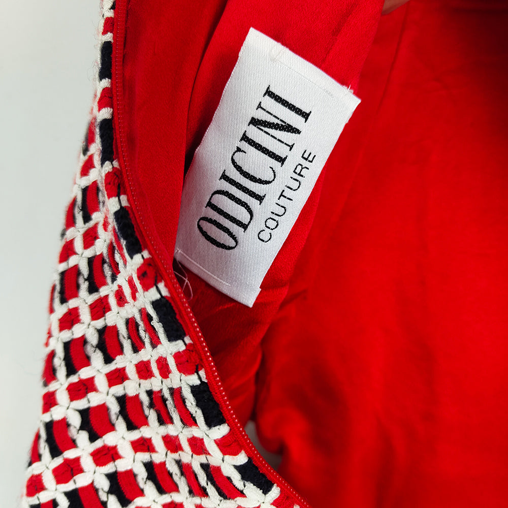 Andrea Odicini Couture Red White Woven Ribbon Party Dress