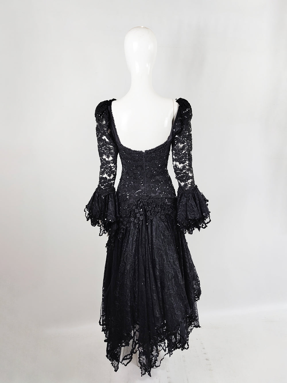 Carole Lee Vintage Black Lace Sequin Gothic Evening Ball Gown, 1980s
