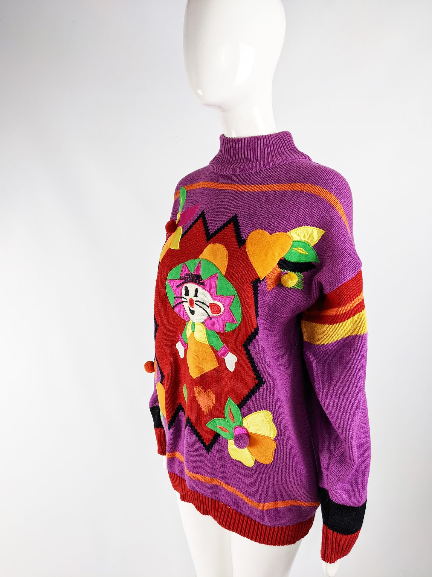 Vintage Womens Purple Mexican Mouse Satin Appliqué Sweater, 1980s