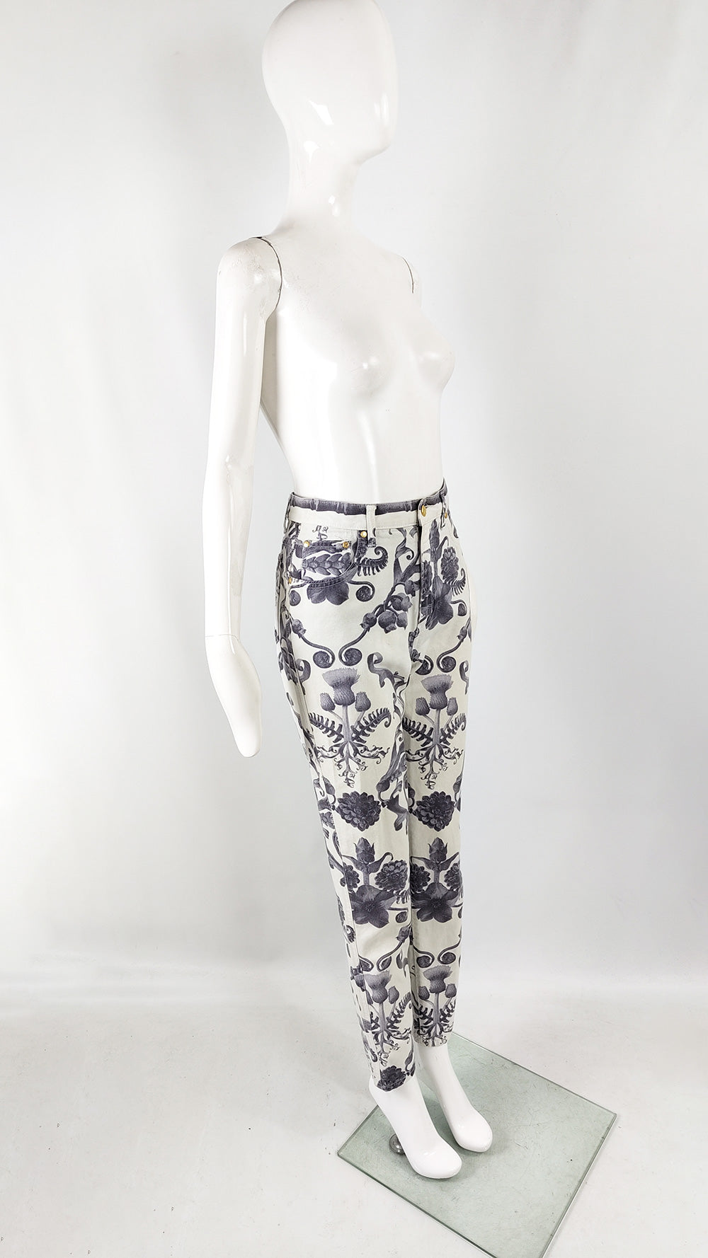 Moschino Vintage Womens White & Grey Baroque Print Jeans