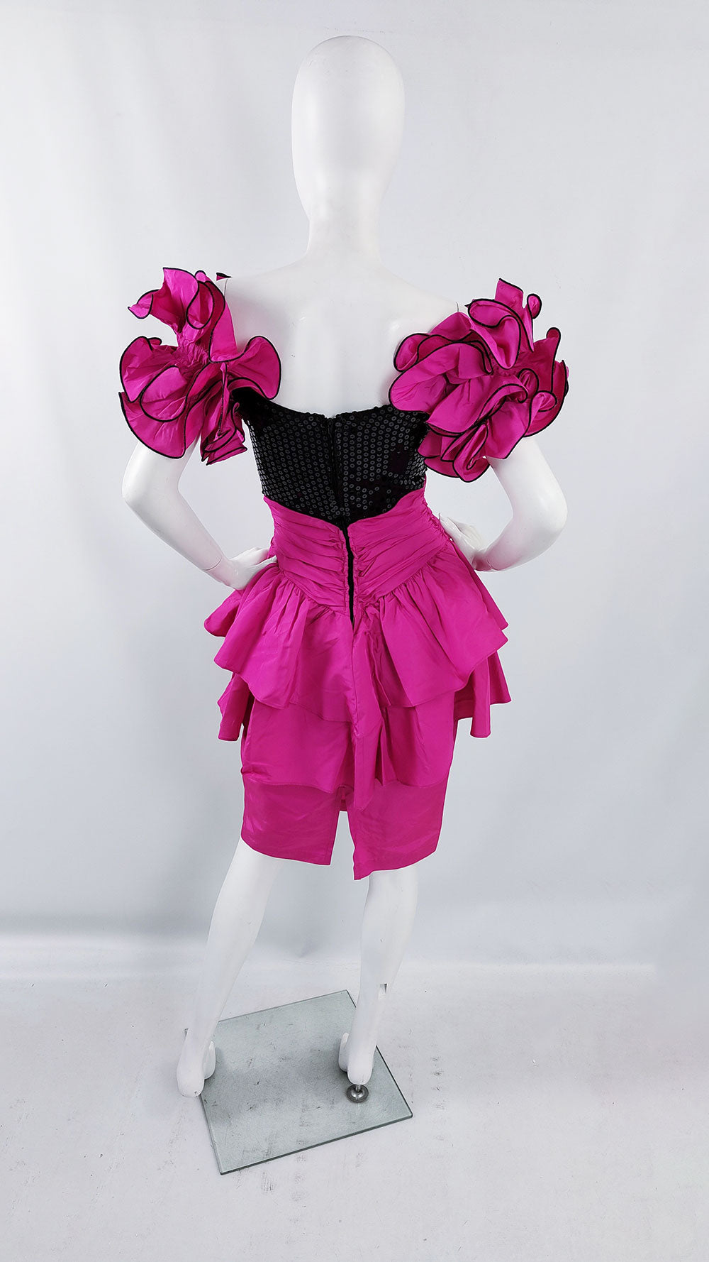 Vintage Magenta Taffeta & Black Sequin 1980s Prom Dress