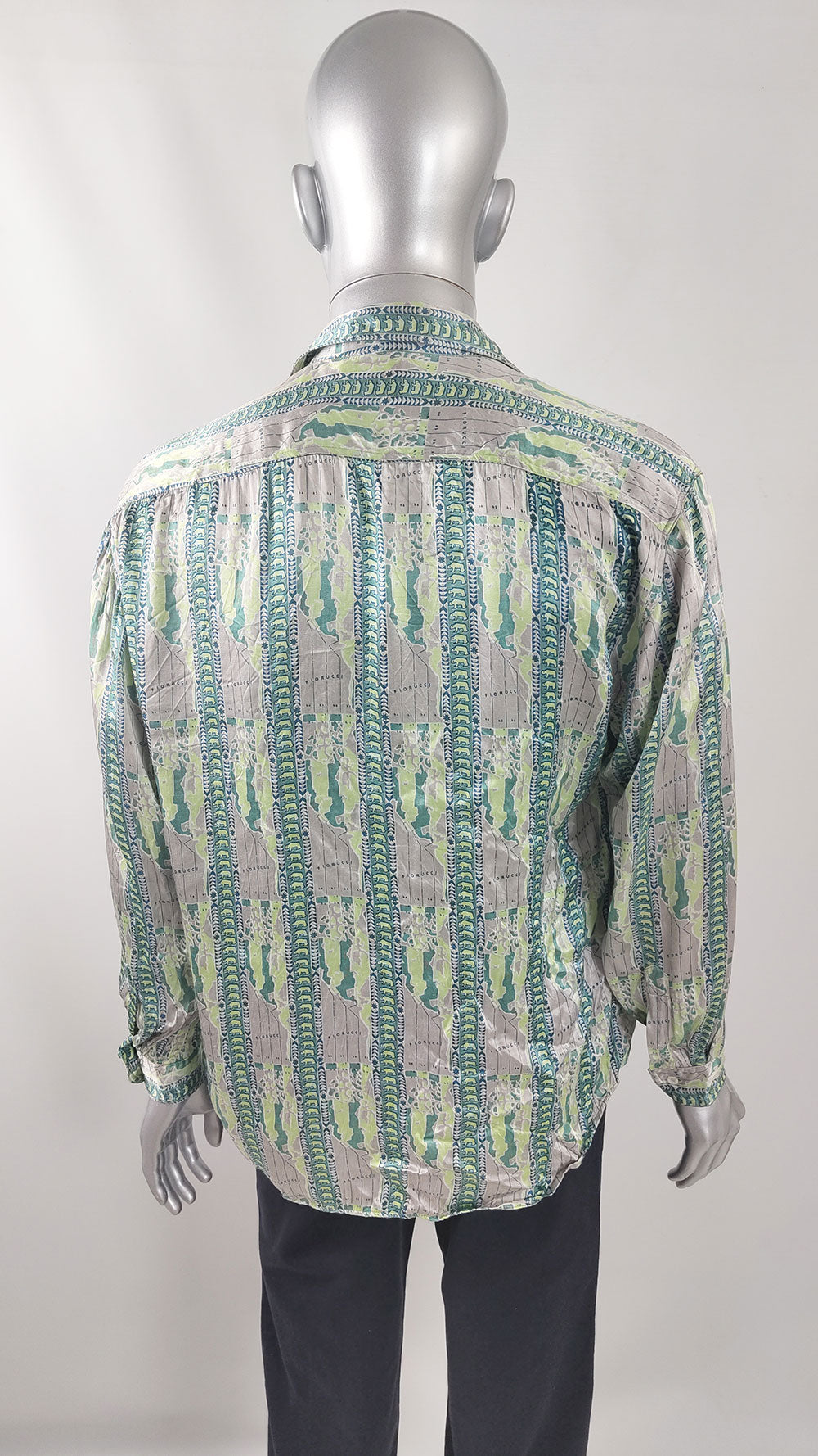 Fiorucci Vintage Mens Green & Grey Satin Shirt, 1980s