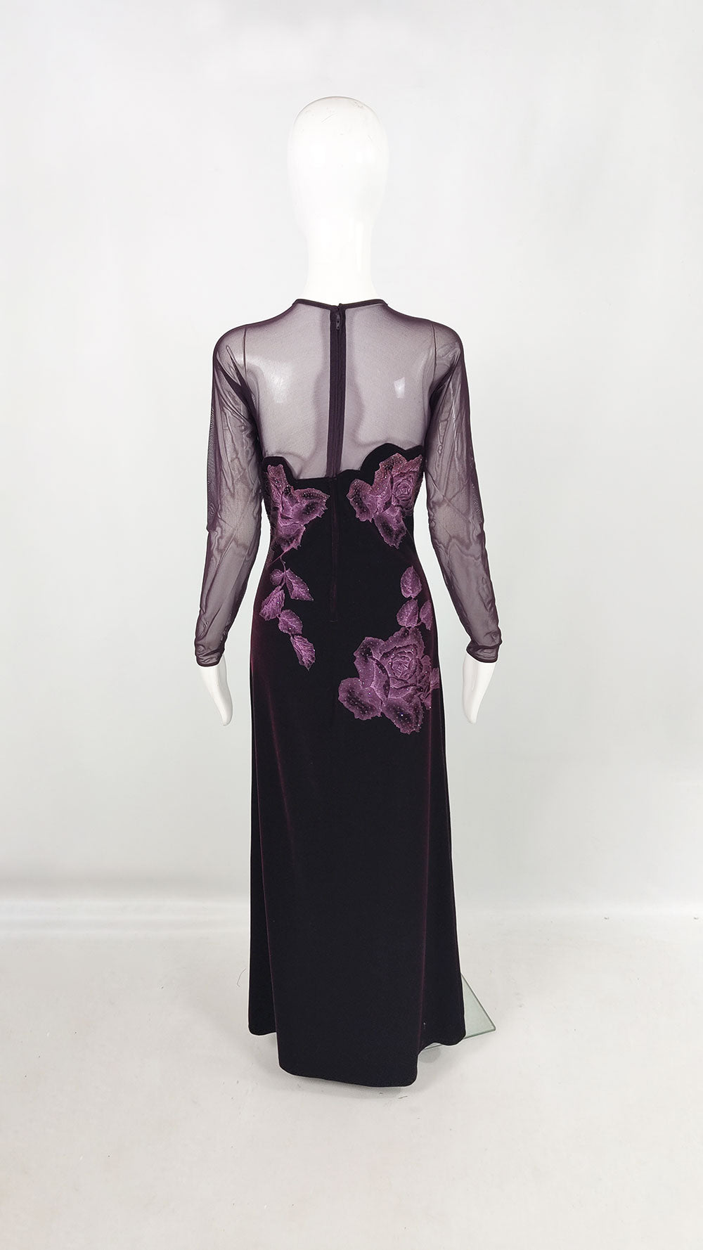 Tadashi Shoji Vintage Long Sleeve Mesh & Velvet Dress, 1990s