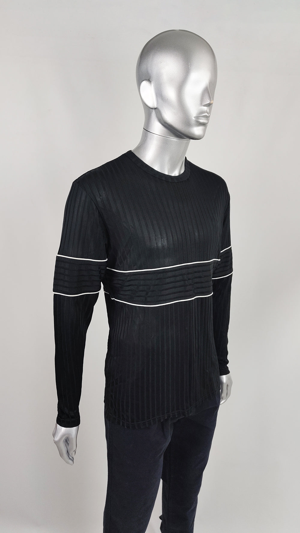 Nick Coleman Mens Vintage Black Ribbed Sheer Knit Jersey Top, 1990s