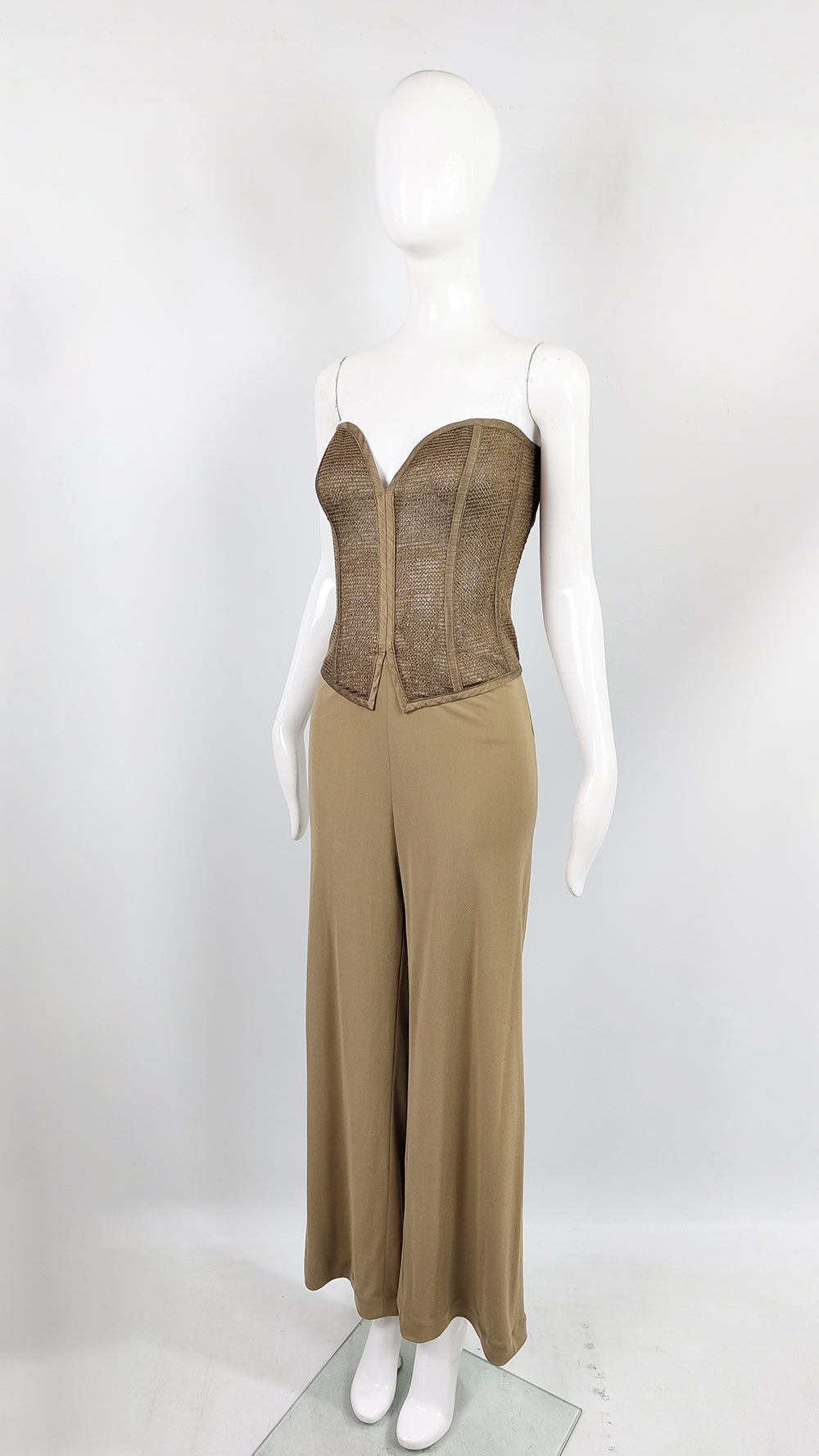 A vintage sheer corset top wide leg jumpsuit with palazzo pants and a raffia top by Jiki of Monte Carlo