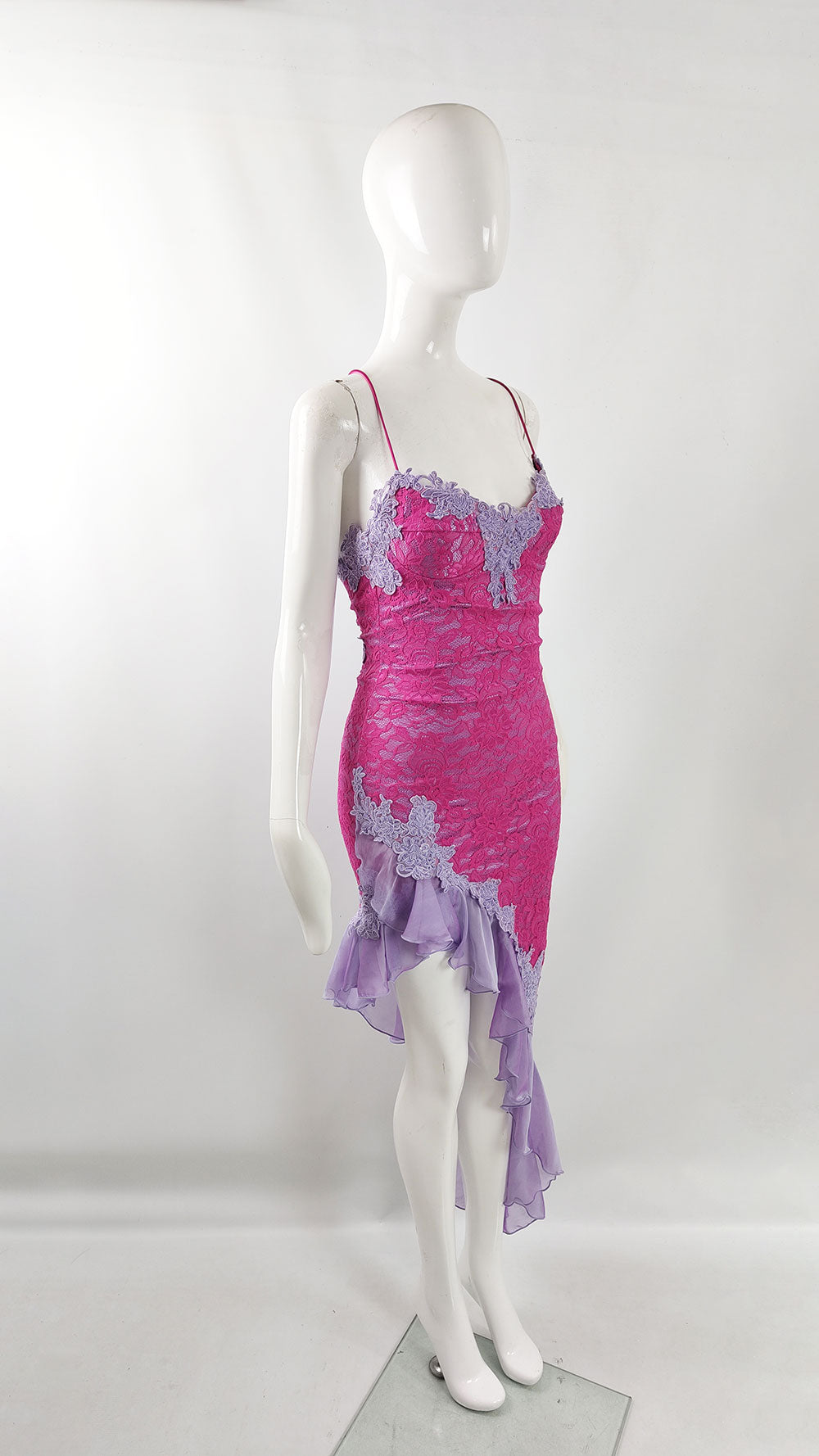 Catwalk Collection Vintage Hot Pink Lace & Purple Chiffon Dress, 2000s