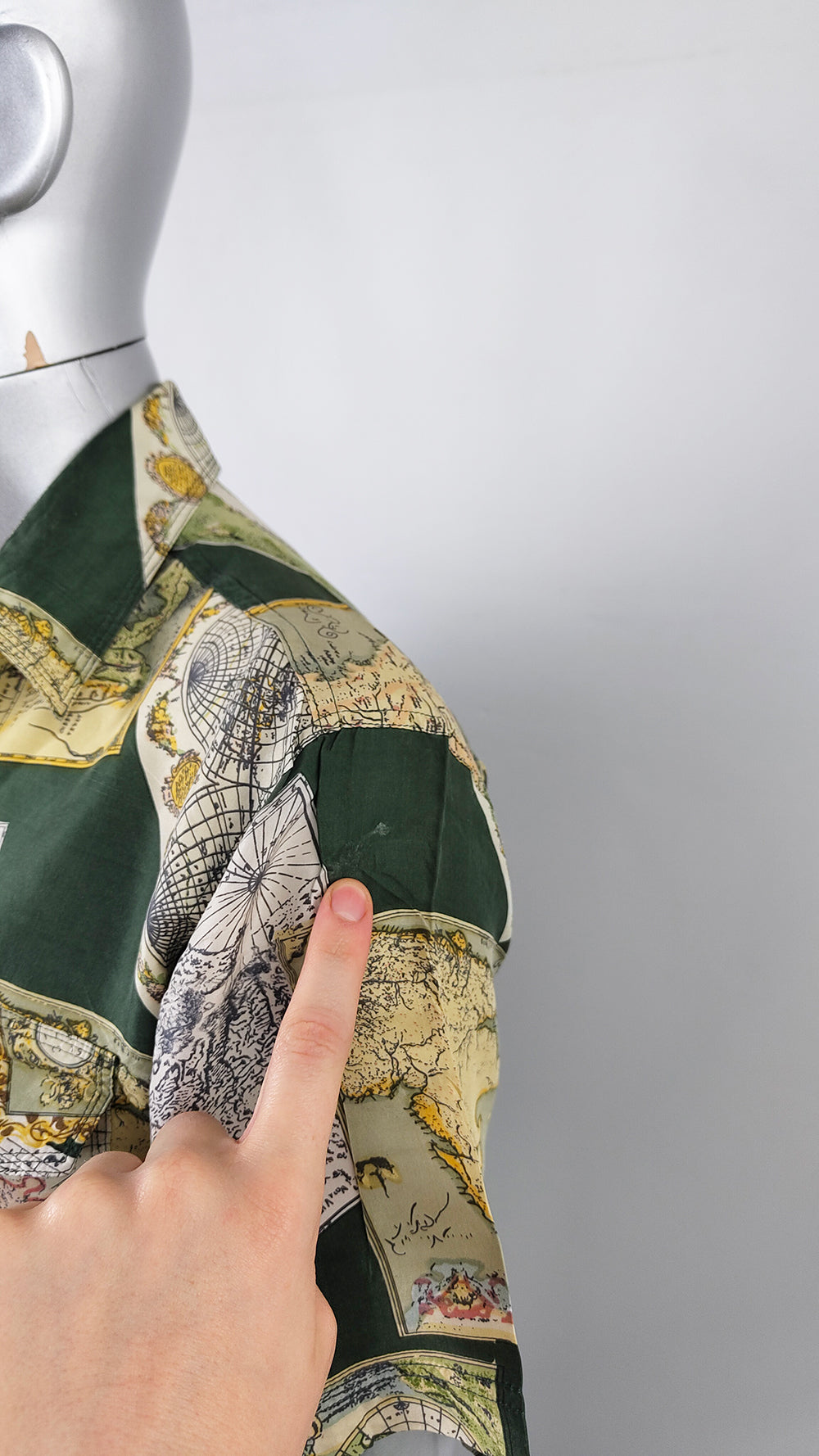 Vintage Mens Green Map Patterned Pure Silk Shirt, 1990s