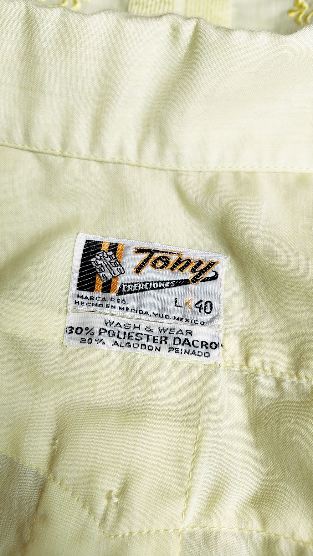 Tony Mens Vintage Sheer Pastel Yellow Mexican Shirt, 1970s