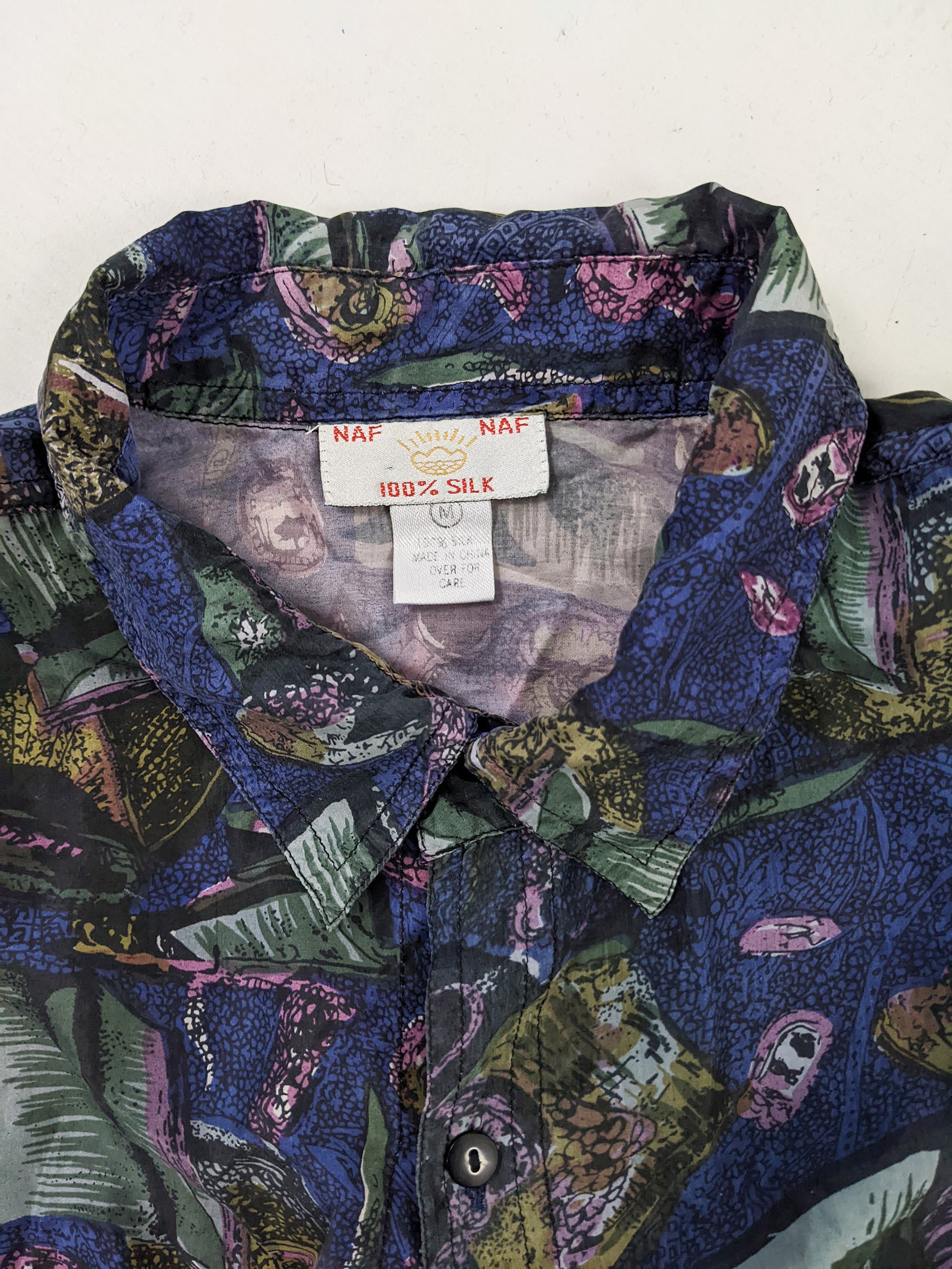 Naf Naf Vintage Men's Navy Blue Pure Silk Short Sleeve Shirt