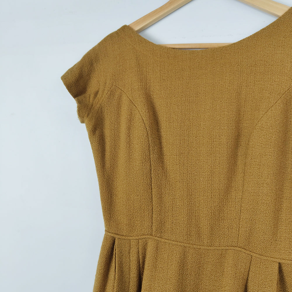 Vintage 1950s Mustard Wool Short Sleeve Dress