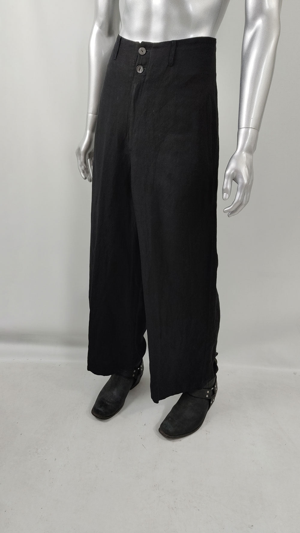 Calugi e Giannelli Vintage Mens Black Linen Blend Wide Leg Trousers