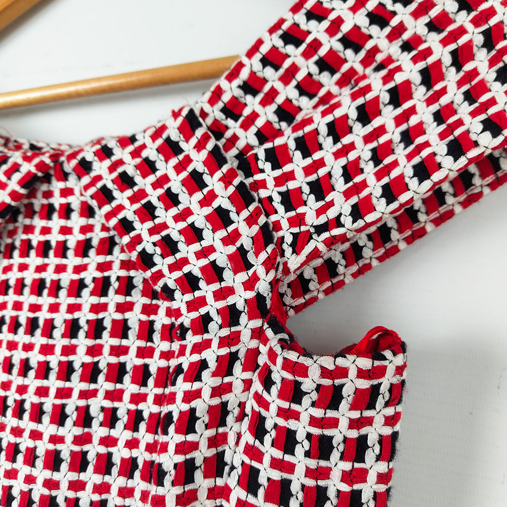 Andrea Odicini Couture Red White Woven Ribbon Party Dress