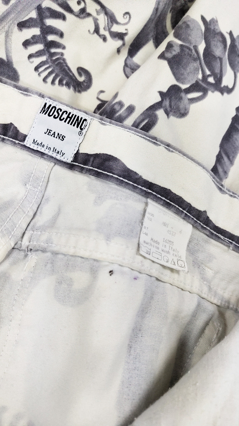 Moschino Vintage Womens White & Grey Baroque Print Jeans