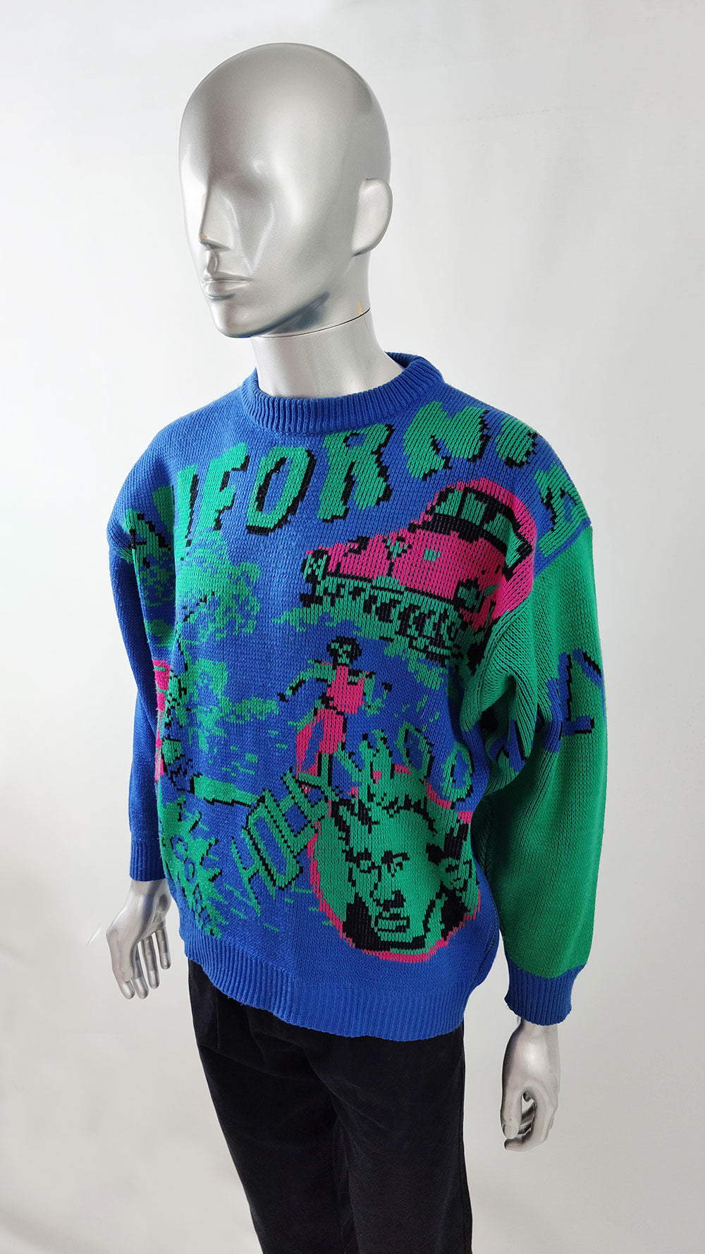 Hollywood California Vintage Mens Pop Art Blue Knit Sweater, 1980s