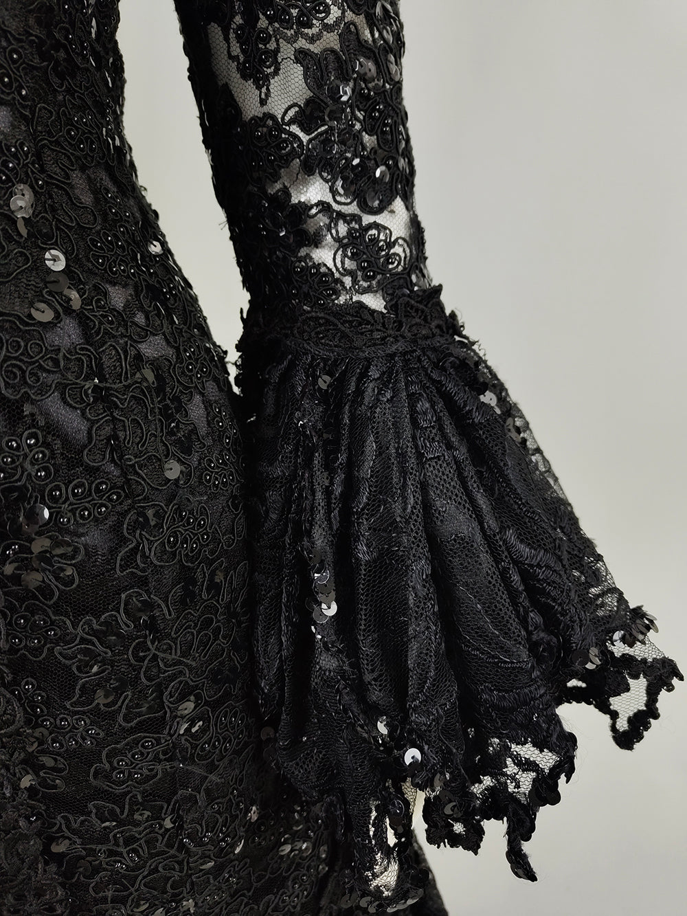 Carole Lee Vintage Black Lace Sequin Gothic Evening Ball Gown, 1980s