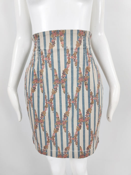 Cerini Vintage Italian Floral Striped High Waist Skirt, 1980s