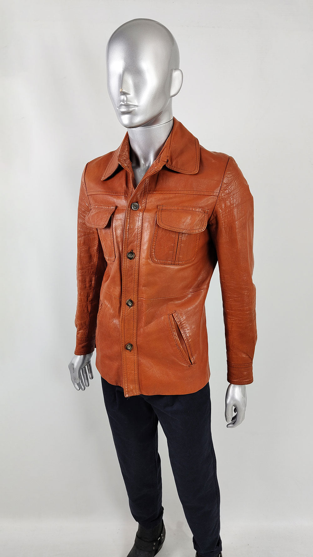 Hepworths Vintage 1970s Mens Burnt Orange Real Leather Jacket