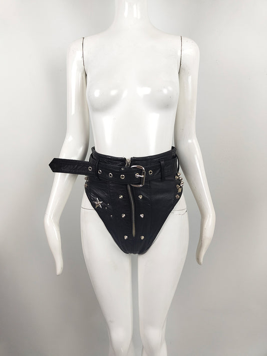 Katharine Hamnett Vintage Black Leather 'Clean Up or Die' Studded Hot Pants, 1990