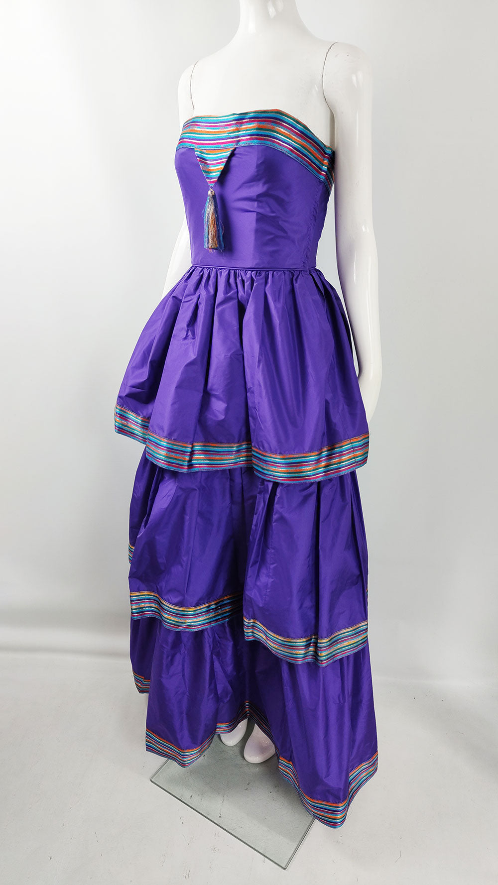 Bellville Sassoon Vintage Purple Silk Taffeta Tiered Evening Dress, 1980s