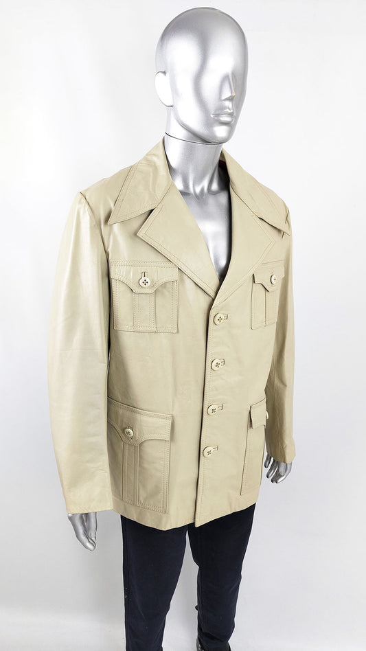 An image of a vintage 1970s cream leather jacket for men with 4 pockets on the front and an extended collar.