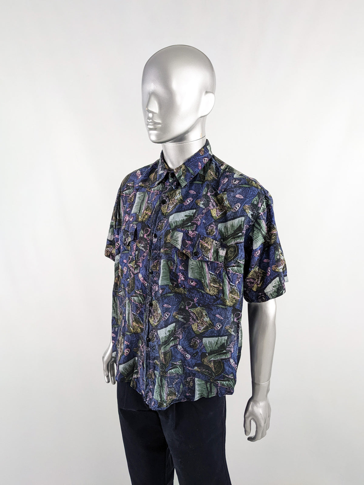 Naf Naf Vintage Men's Navy Blue Pure Silk Short Sleeve Shirt