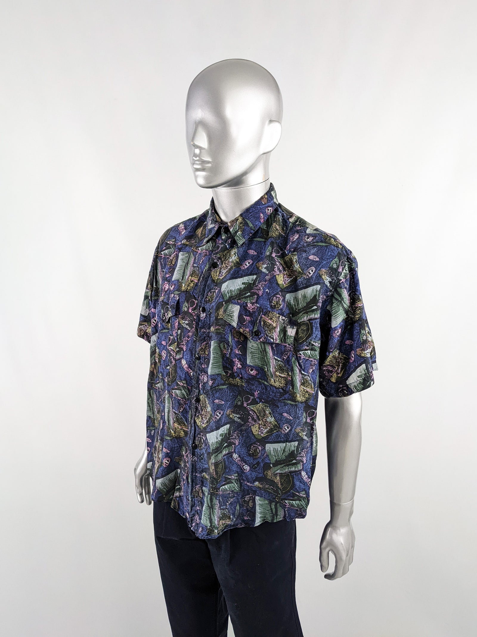 Naf Naf Vintage Men's Navy Blue Pure Silk Short Sleeve Shirt