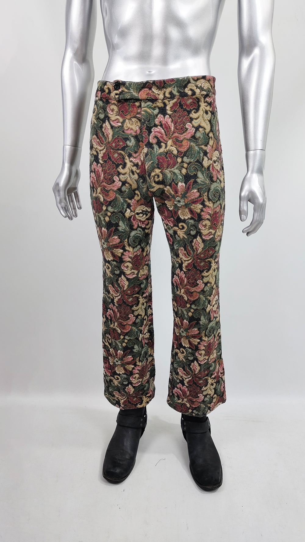 Vintage 1960s Mens Tapestry Needlecord Floral Flares Pants