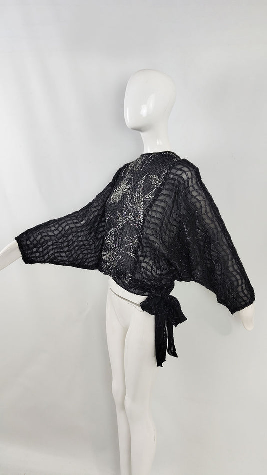 Trudie McCarthy Vintage Sheer Black Batwing Blouse, 1980s