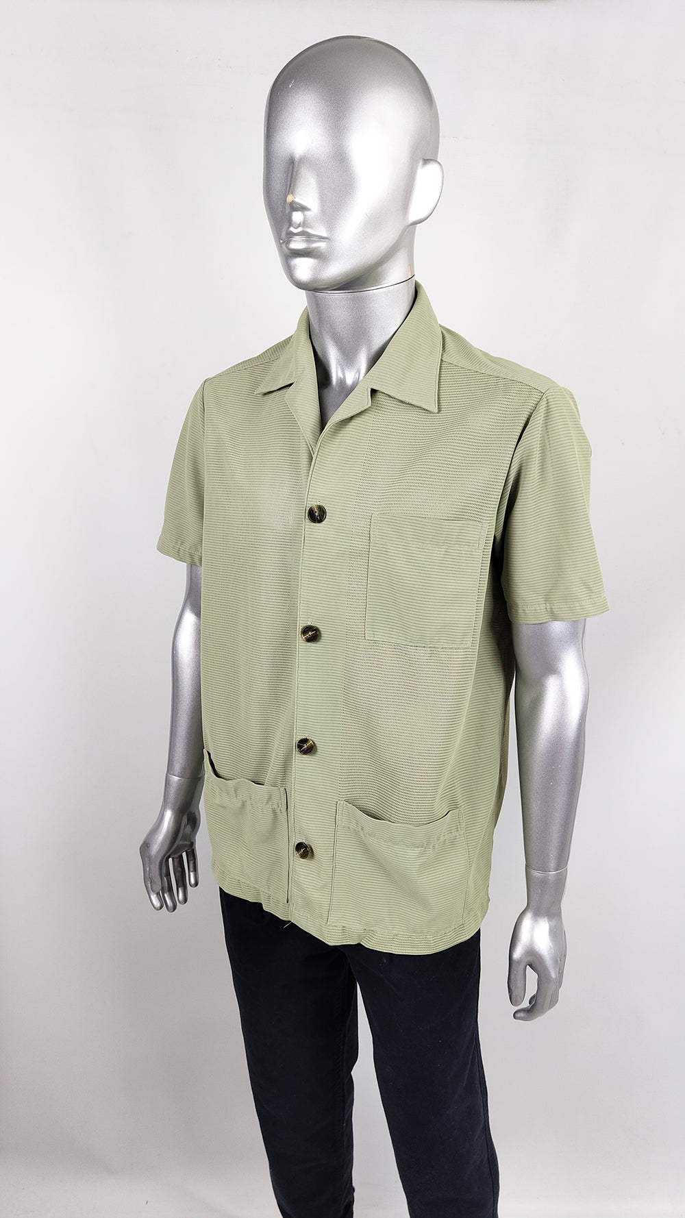 Vintage Mens Green Khaki Mesh Safari Shirt, 1960s