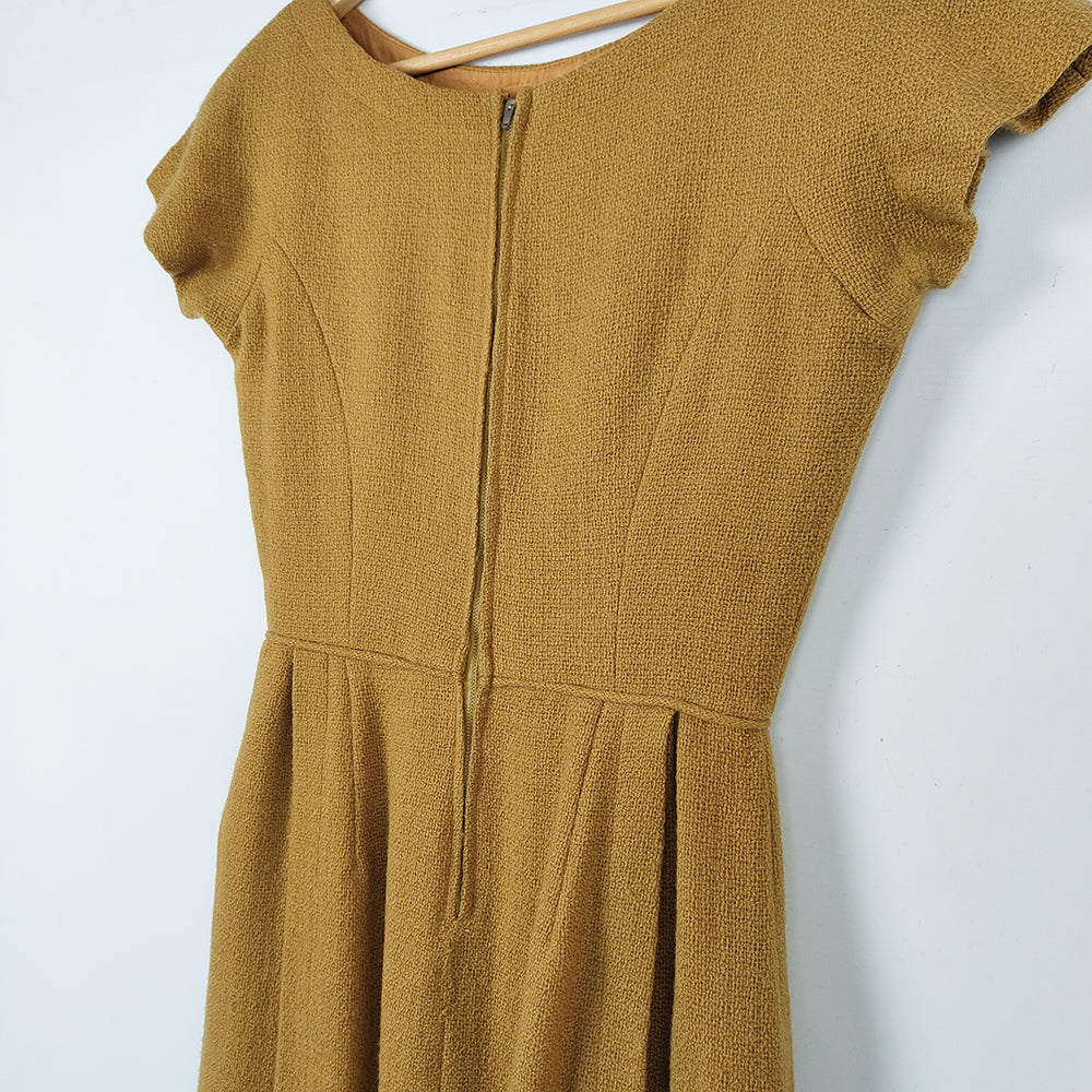 Vintage 1950s Mustard Wool Short Sleeve Dress