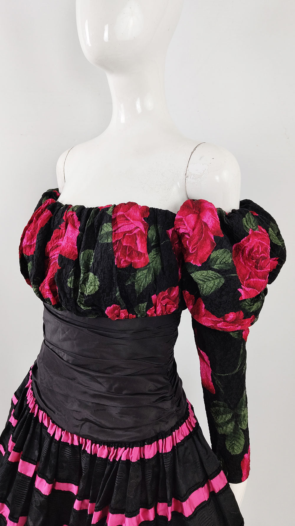 Roland Klein Vintage Floral Silk Off the Shoulder Party Dress, 1980s
