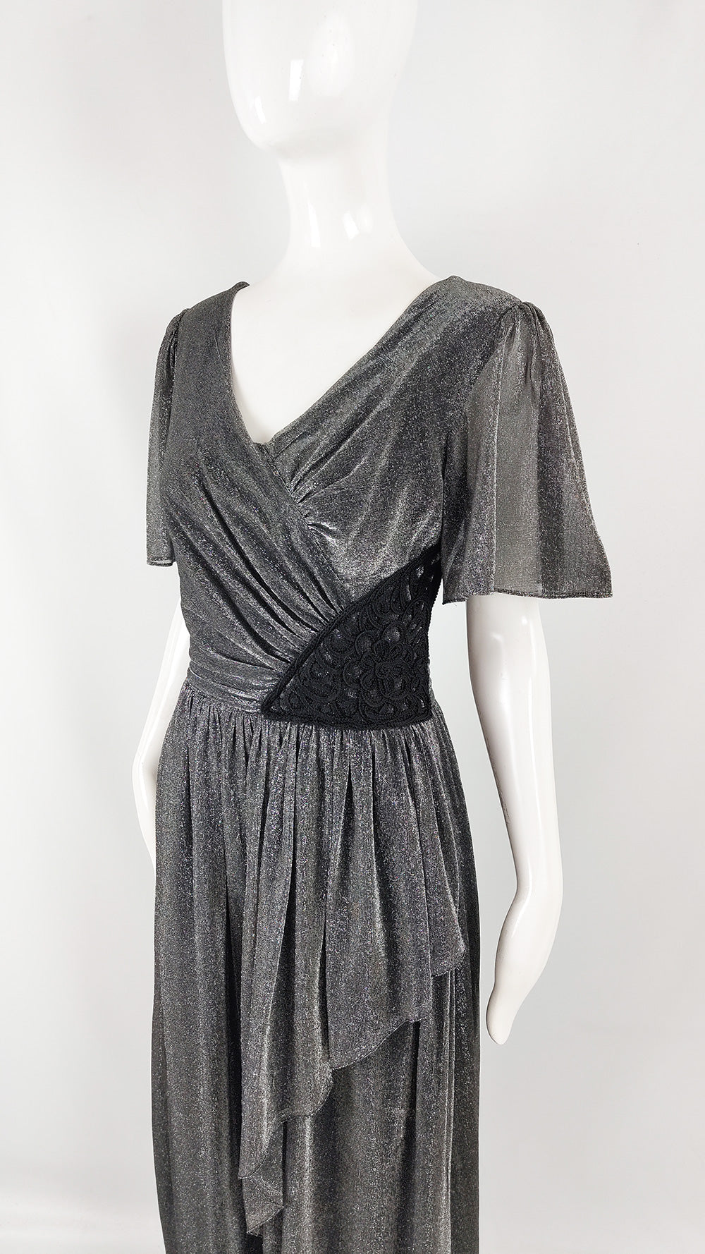 John Charles Vintage 70s Silver Lurex & Black Lace Evening Dress, 1970s