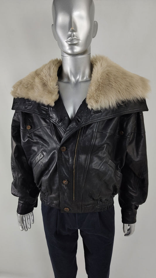 Vintage Mens Cecil Gee Leather & Faux Fur Coat, 1980s