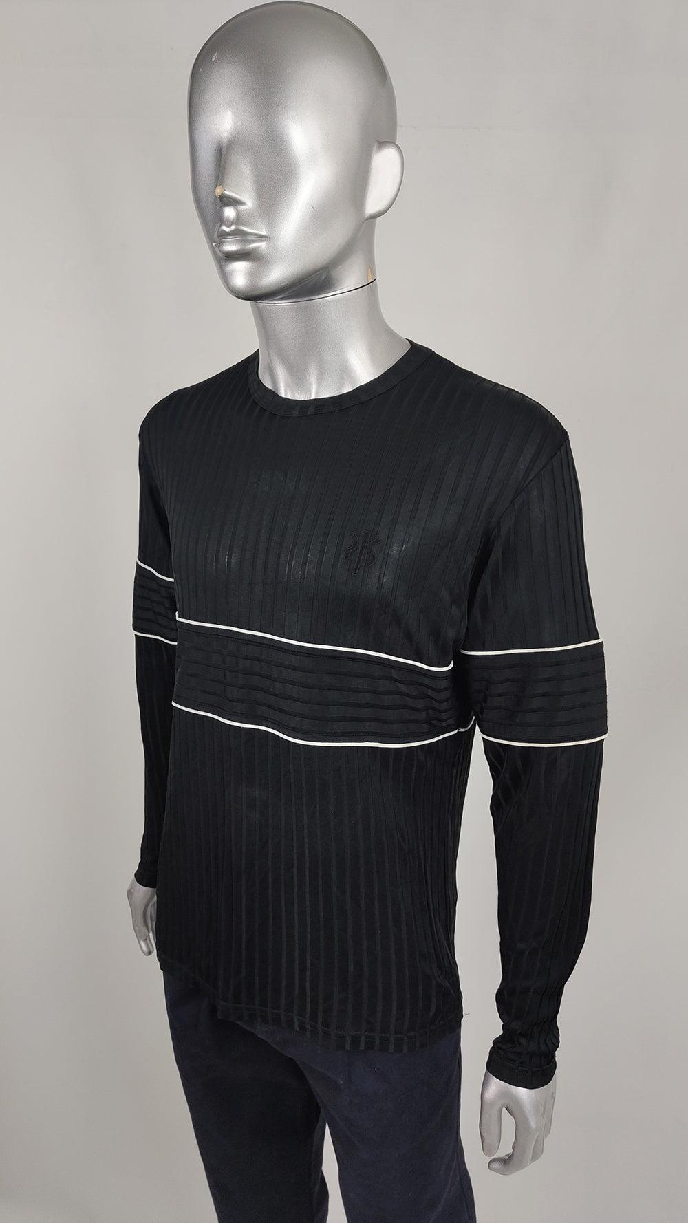 Nick Coleman Mens Vintage Black Ribbed Sheer Knit Jersey Top, 1990s