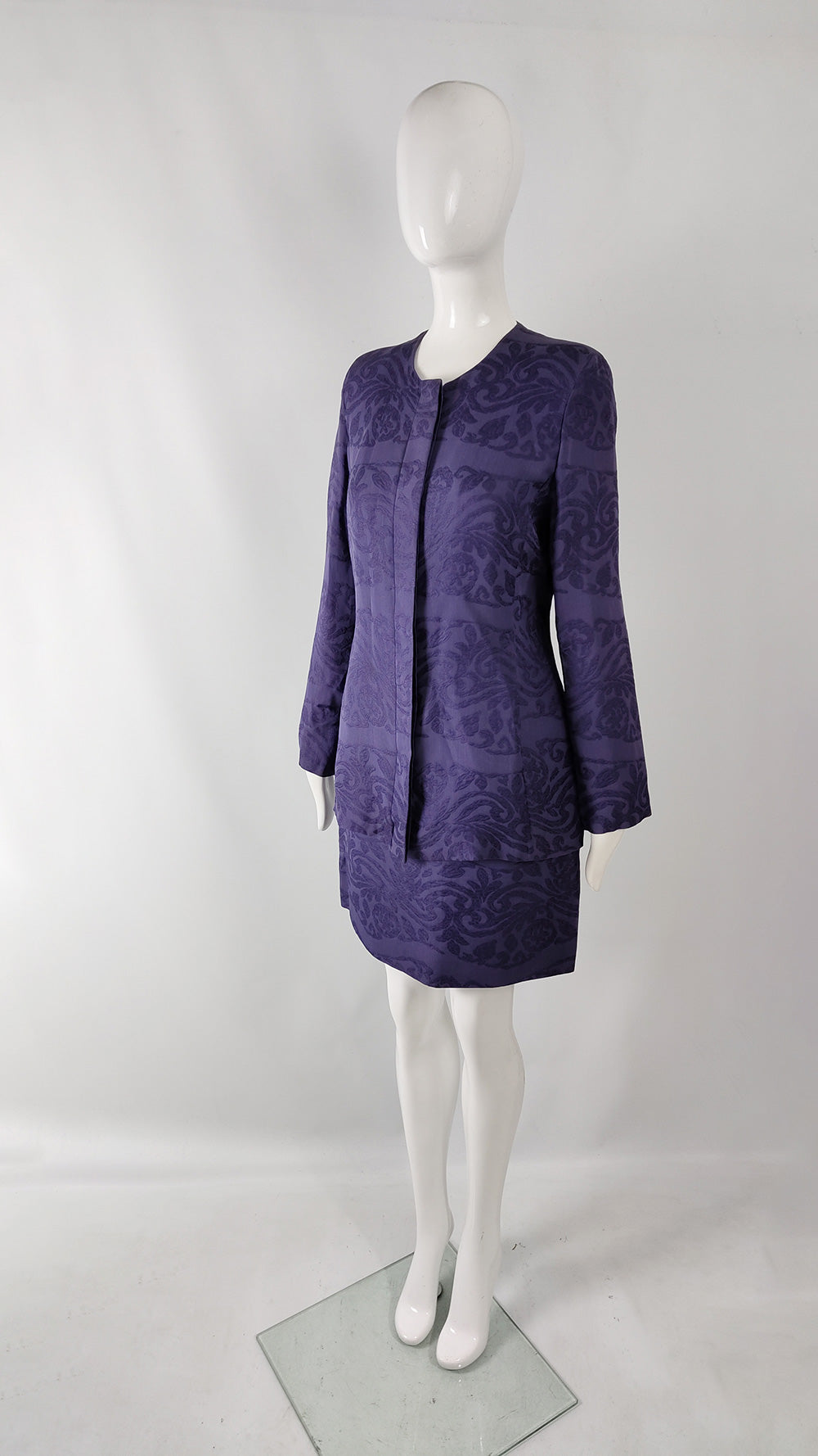 Giorgio Armani Vintage Womens Purple Silk Jacquard Skirt Suit