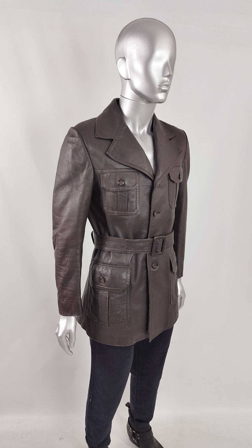 Mens Vintage Brown Leather Belted Jacket, 1970s