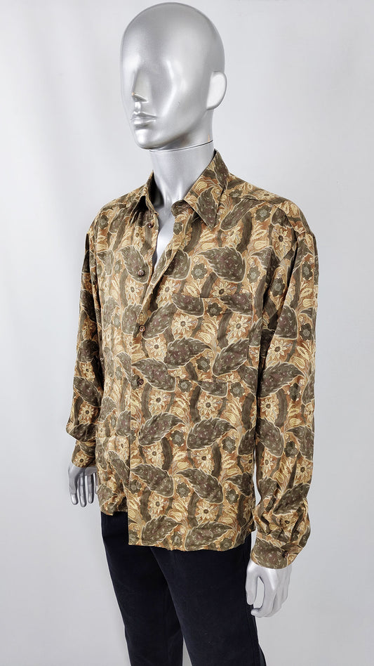 Byblos Vintage Mens Brown & Green Flowy Paisley Shirt, 1980s