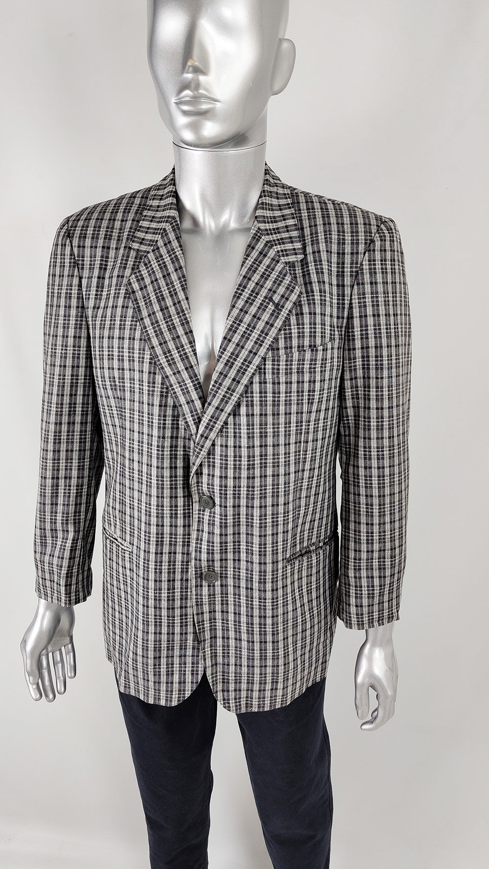 Texitaly Vintage Mens Italian Linen, Wool & Silk Check Blazer