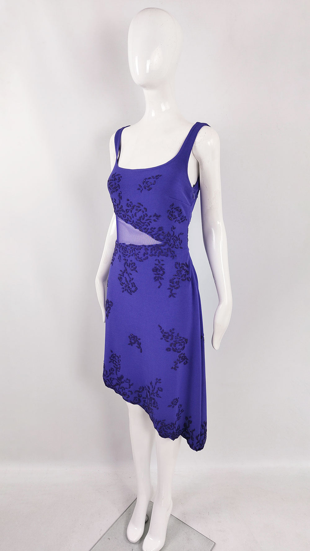 A vintage Tadashi Shoji purple blue beaded party dress.