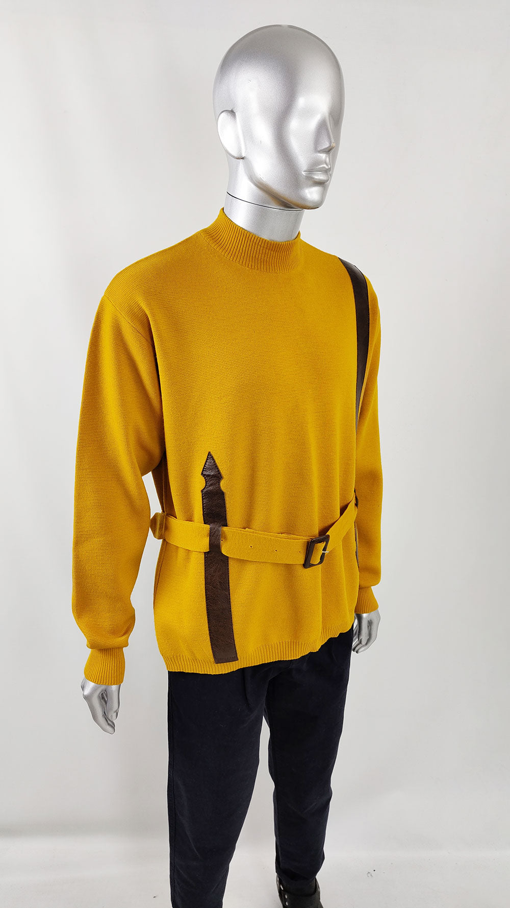 Harrods Vintage Mens Mustard Yellow Wool & Vinyl Belted Jumper, 1960s