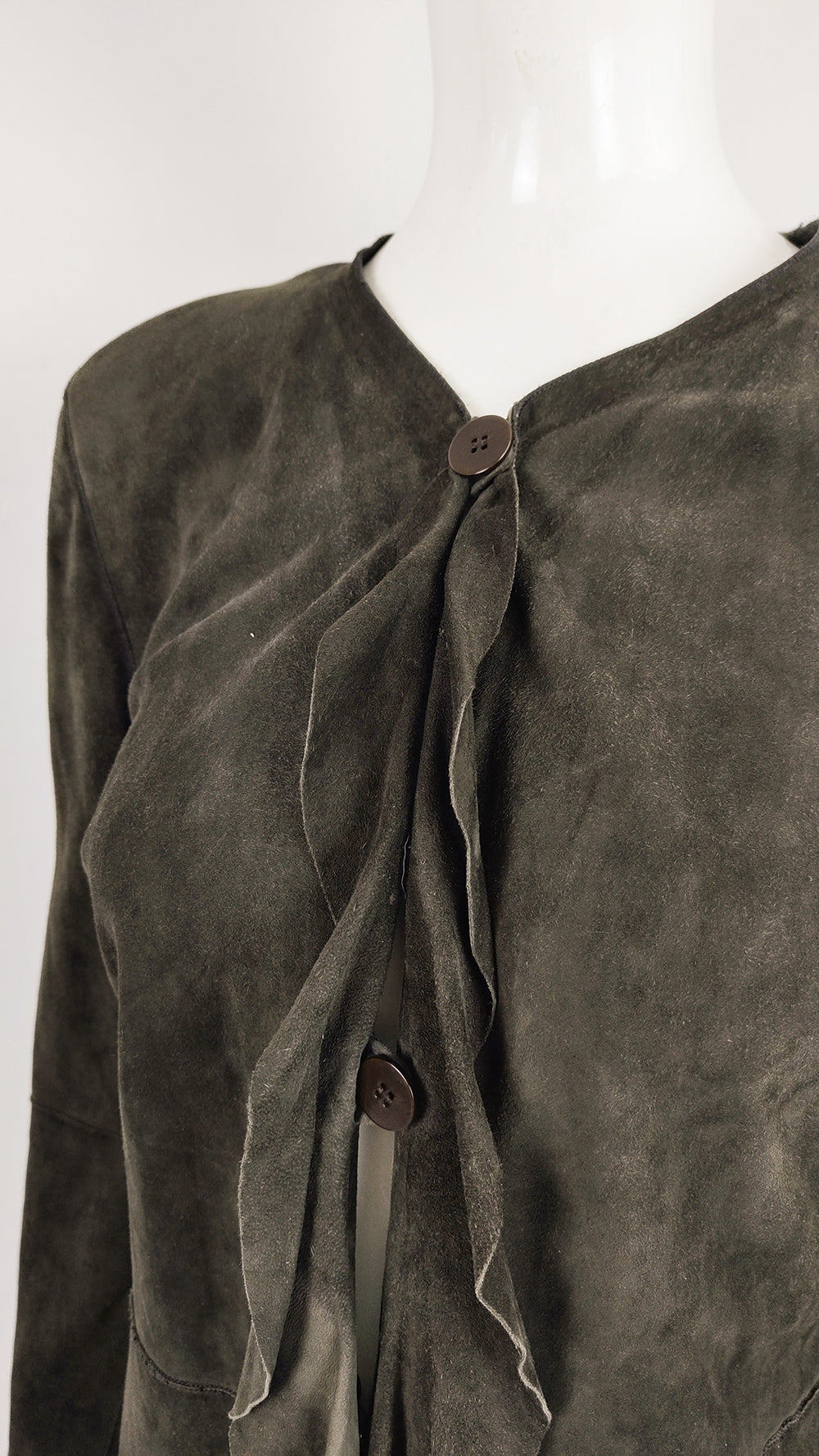 Giorgio Armani Vintage Olive Goat Suede Ruffled Shoulder Pads Jacket