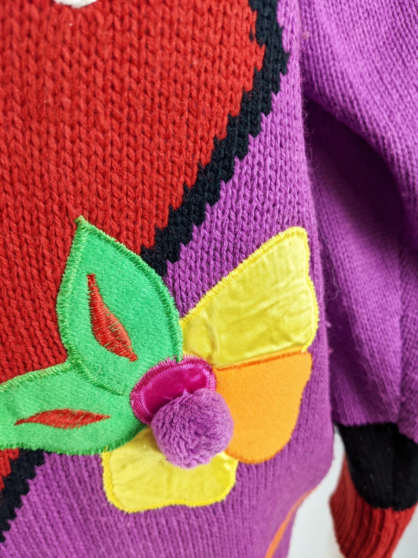 Vintage Womens Purple Mexican Mouse Satin Appliqué Sweater, 1980s
