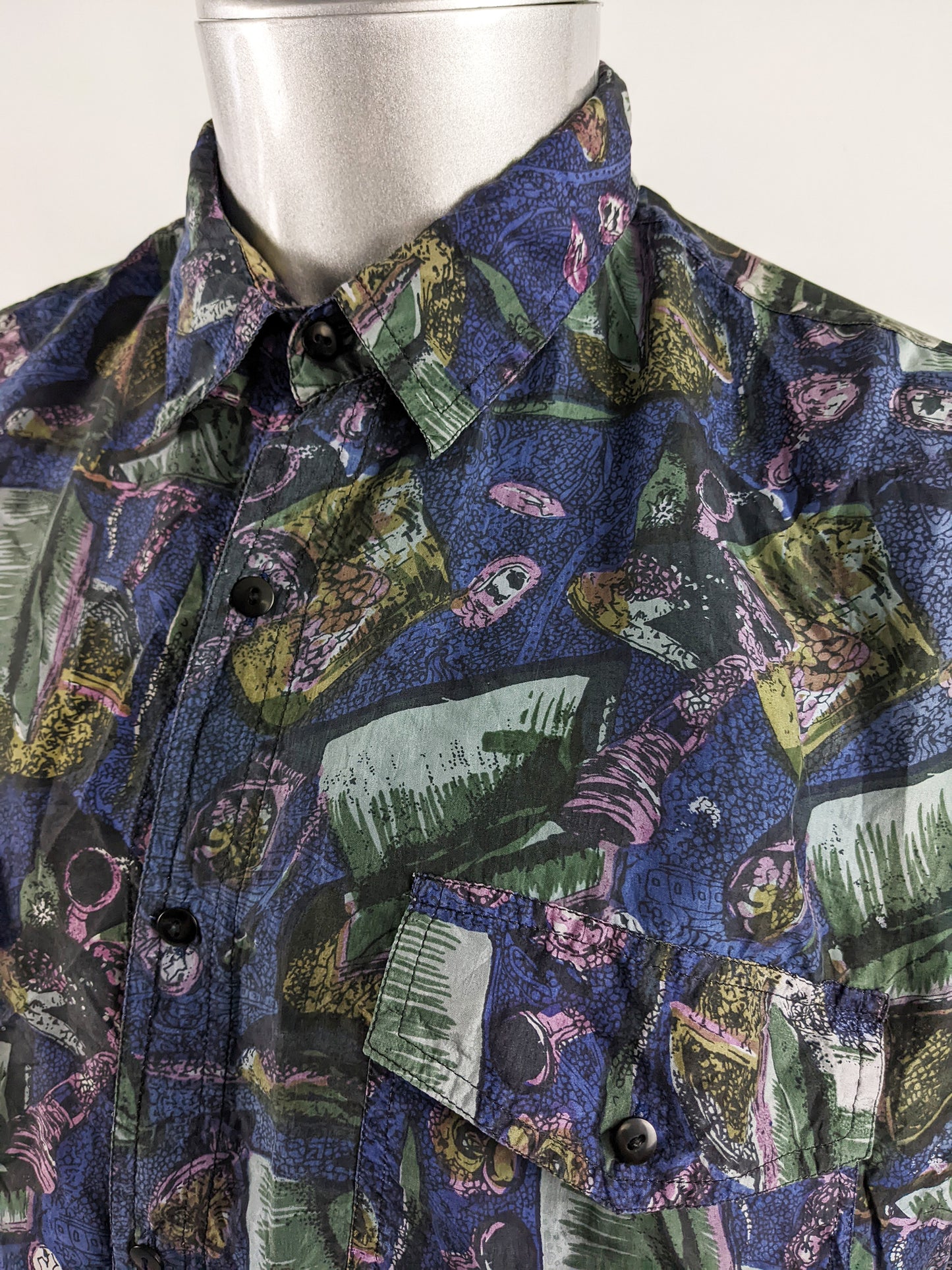 Naf Naf Vintage Men's Navy Blue Pure Silk Short Sleeve Shirt