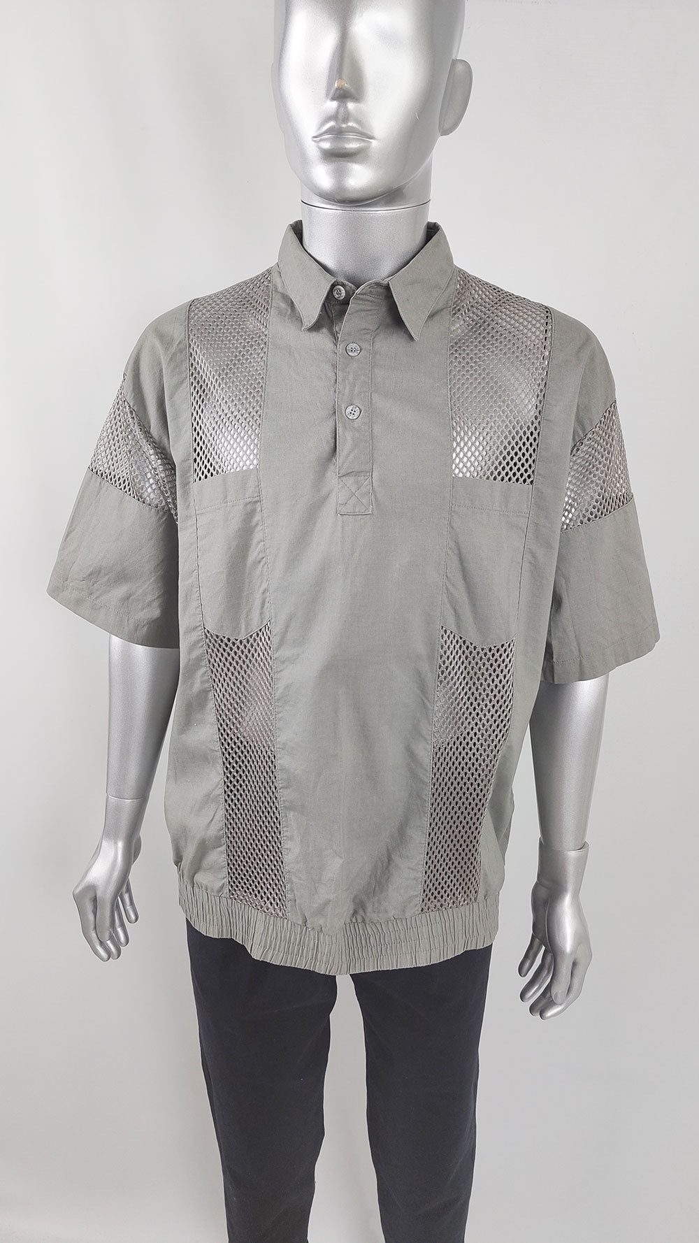 Vintage Mens Grey Sheer Mesh Panel Short Sleeve Shirt