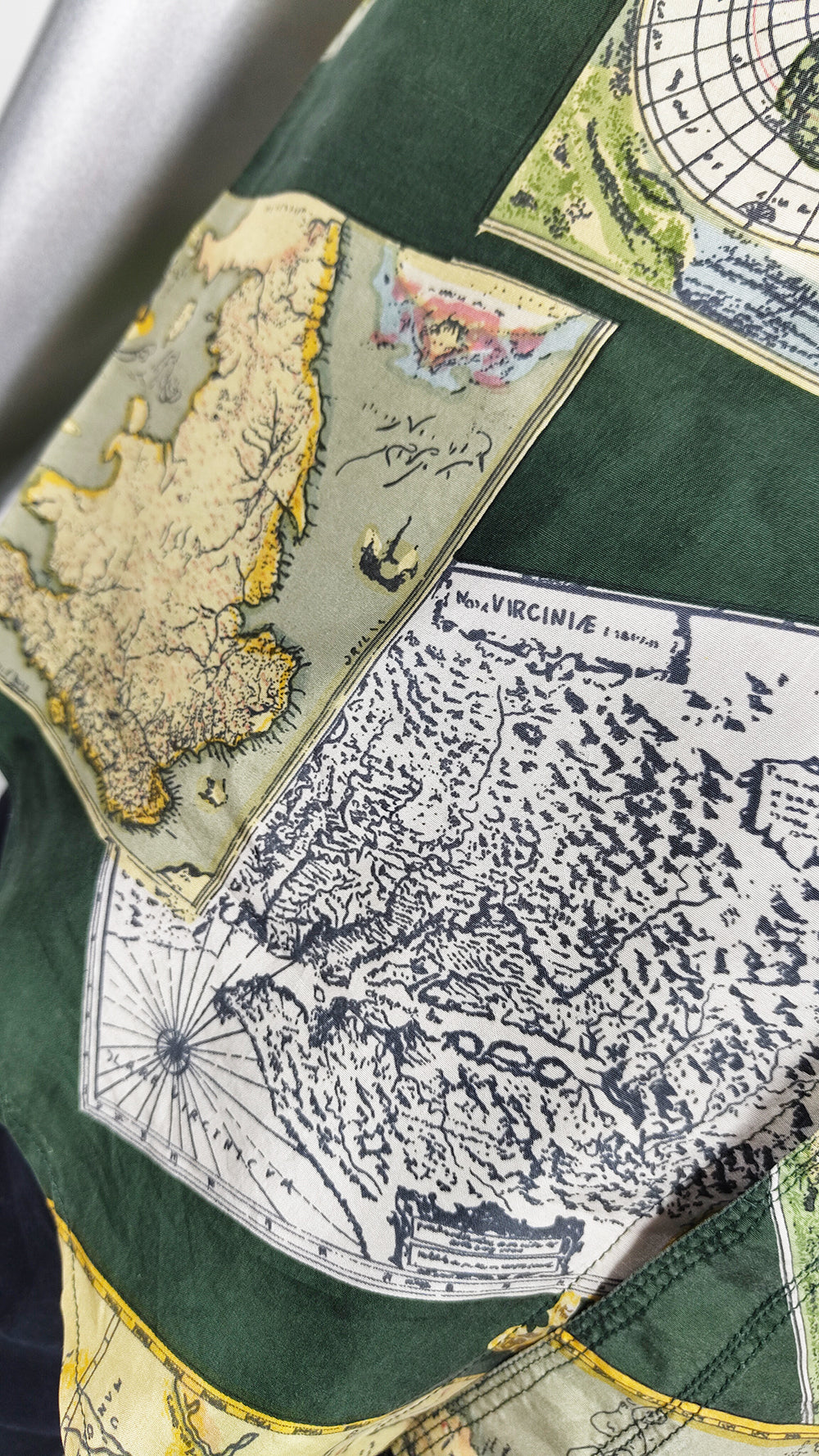 Vintage Mens Green Map Patterned Pure Silk Shirt, 1990s