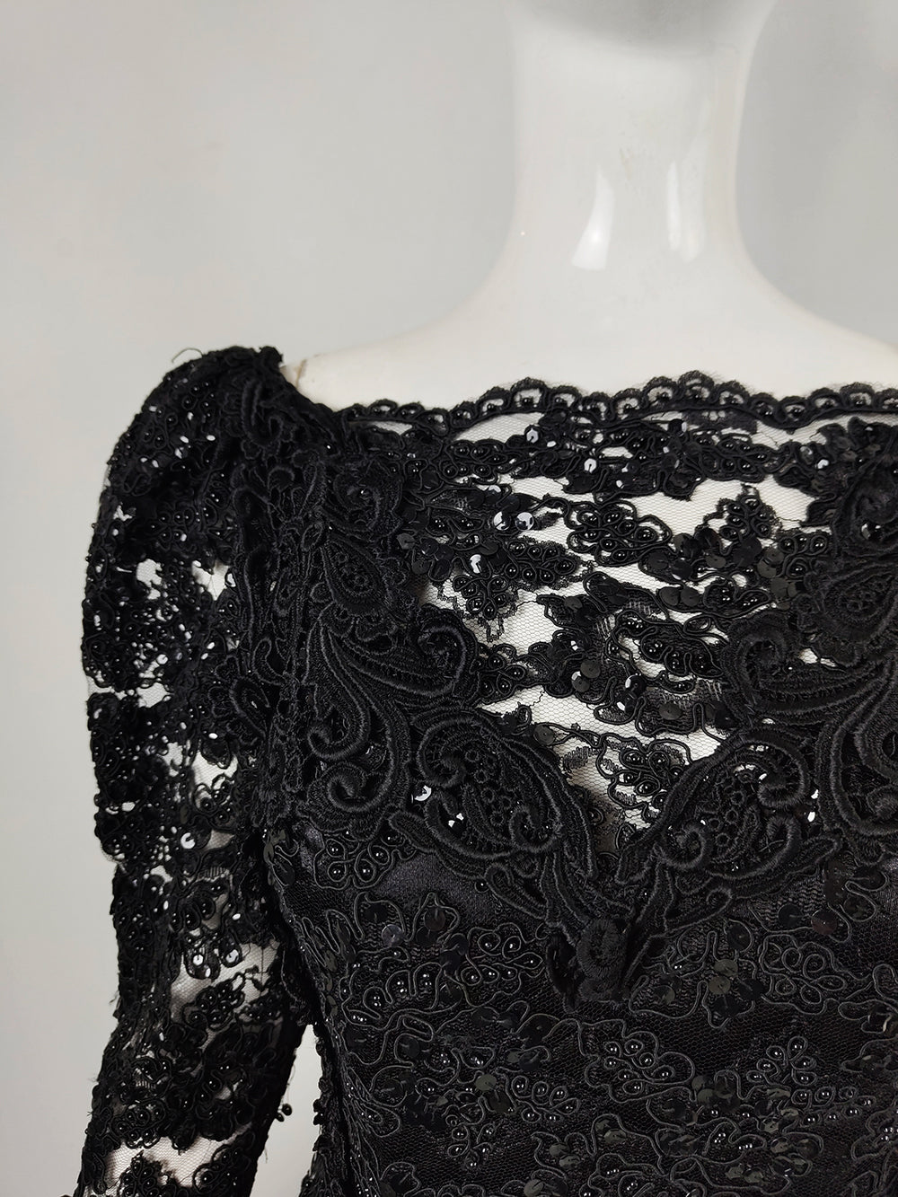 Carole Lee Vintage Black Lace Sequin Gothic Evening Ball Gown, 1980s